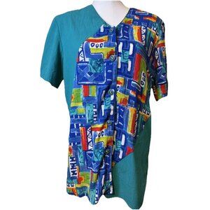 C.M. Shapes Multi Color Geometric Blouse Button Up Woman Size Medium Made in USA